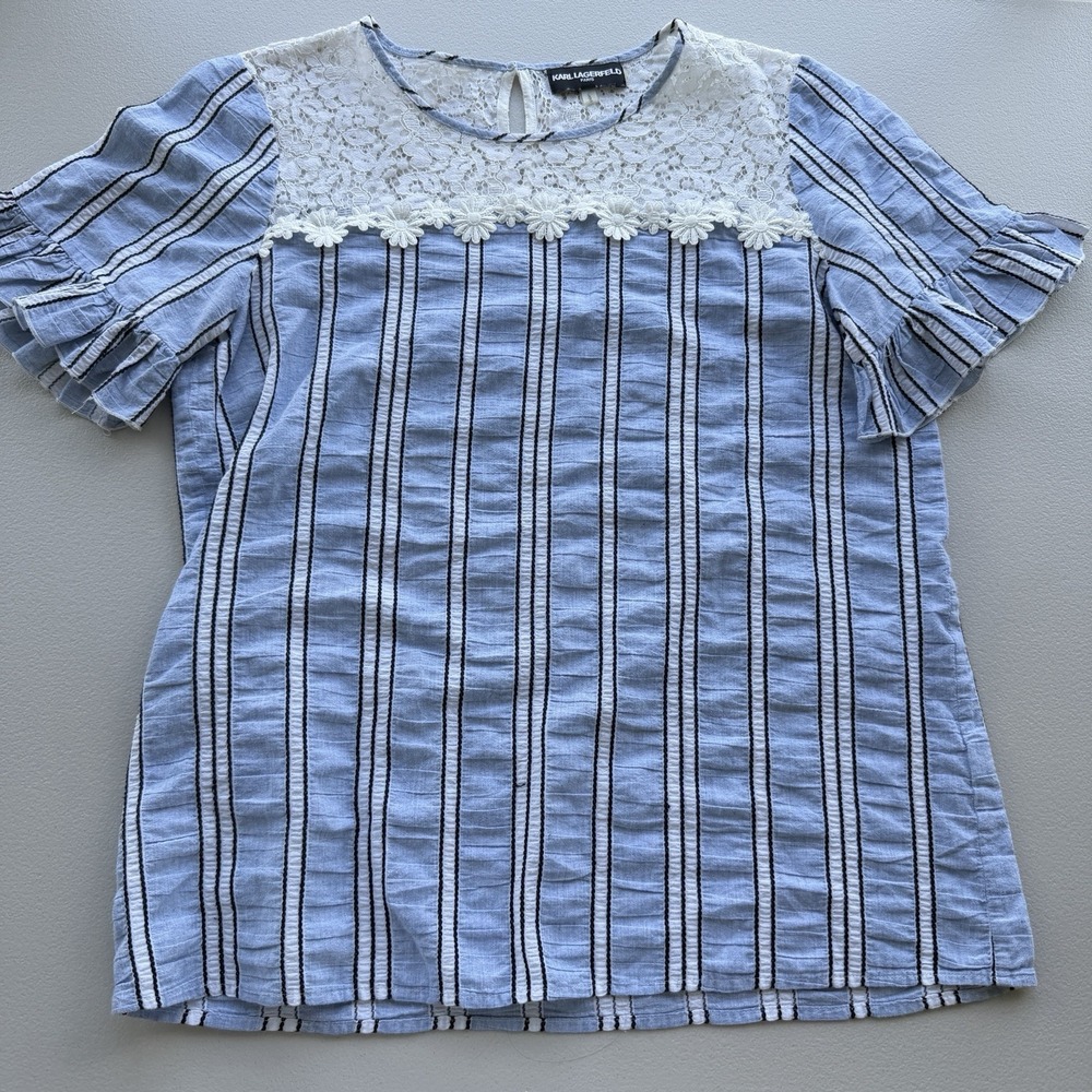 Karl Lagerfeld Short Sleeve Top Women's L Blue Striped Lace Yoke Ruffles Boho